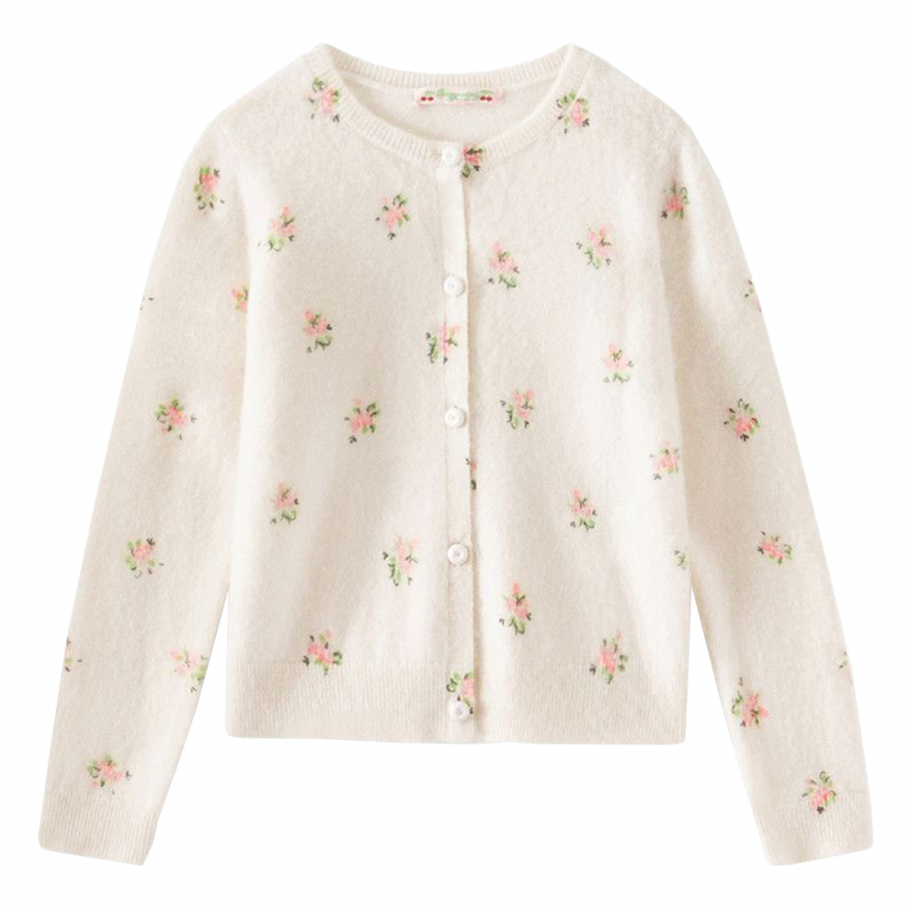 Cashmere Cardigan m/blomster - Offwhite