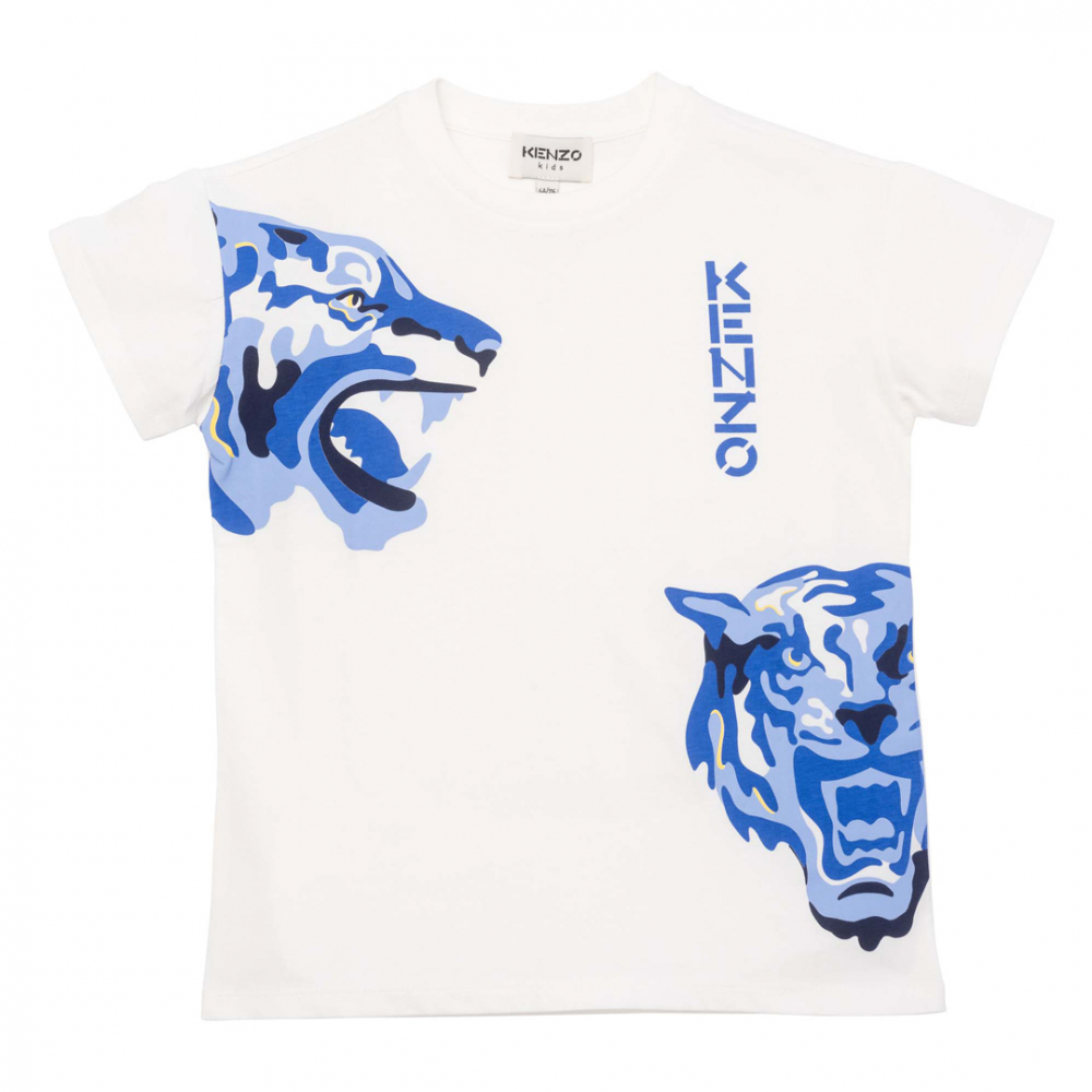 T-Shirt m/tigere og logo - Offwhite/Blå