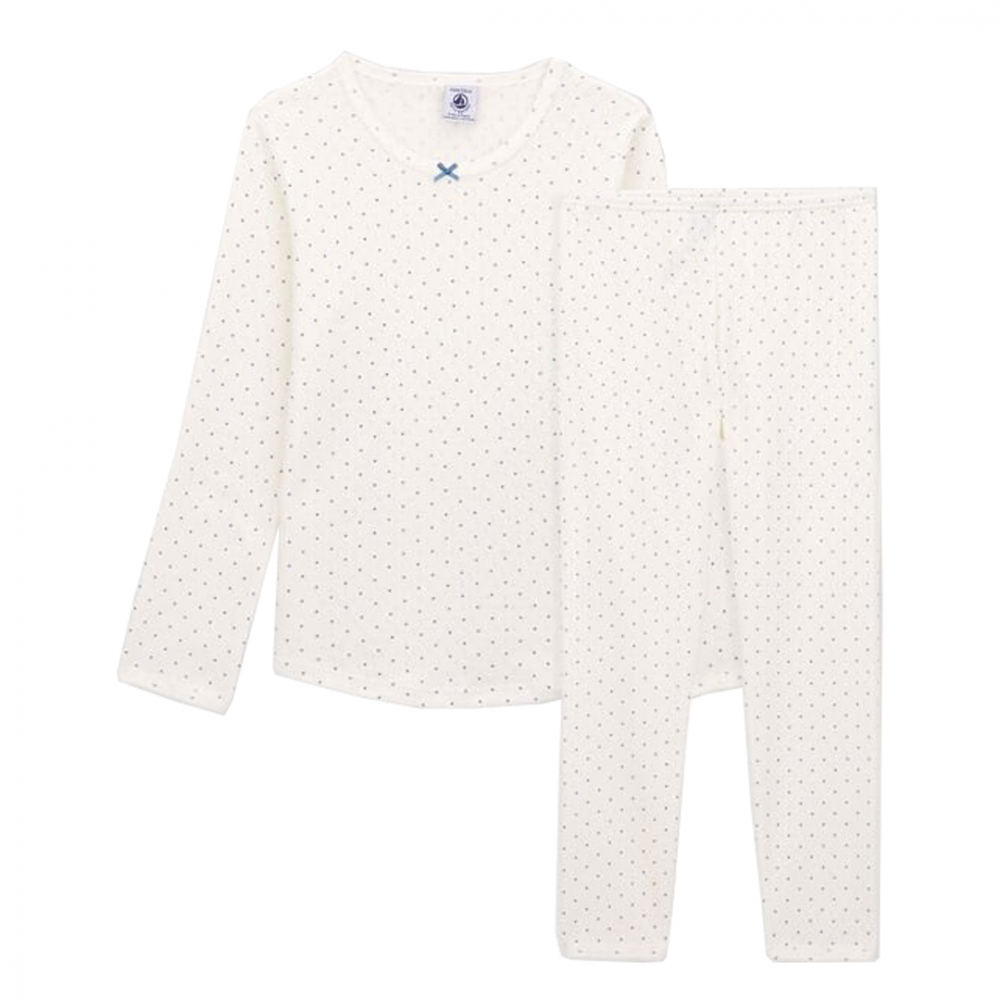 Pyjamas m/hulmønster og prikker - Offwhite/Blå