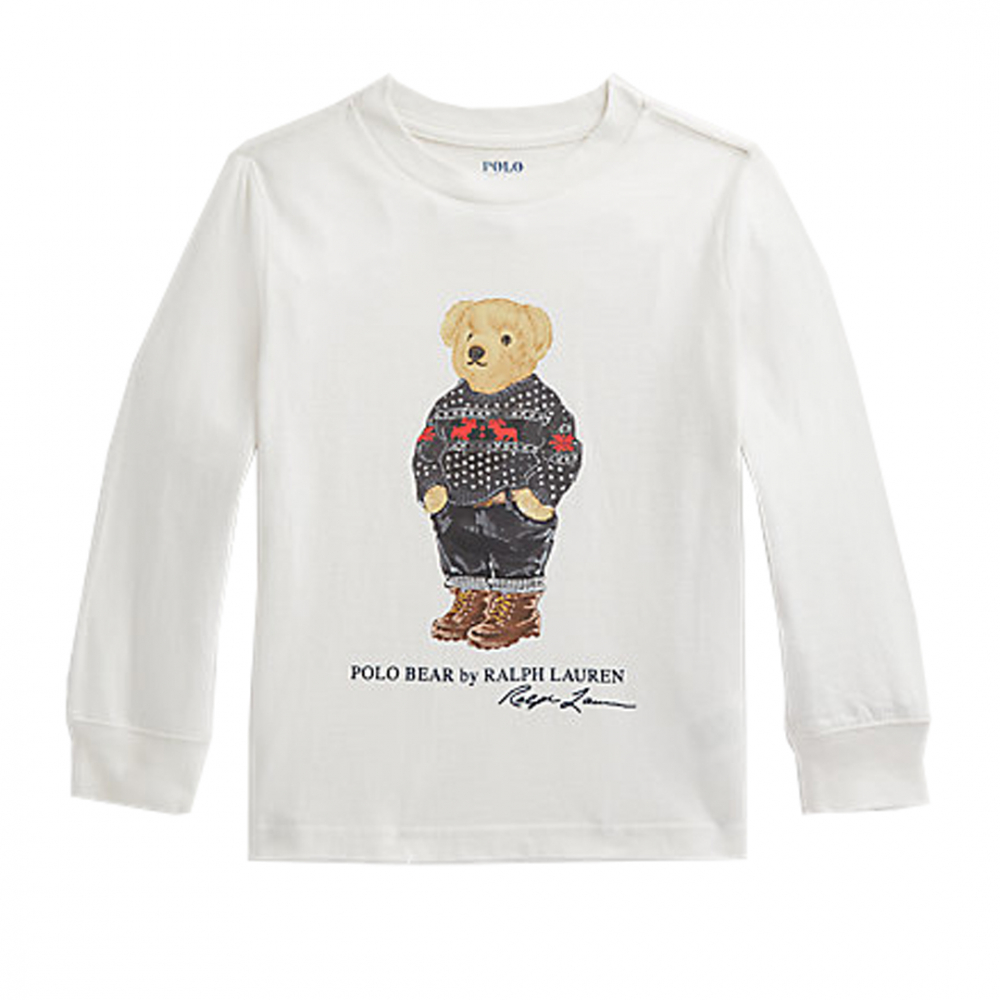 T-Shirt m/motiv af bamse i julestrik - Hvid